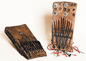 Musical instruments collected by Maurice including a thumb piano