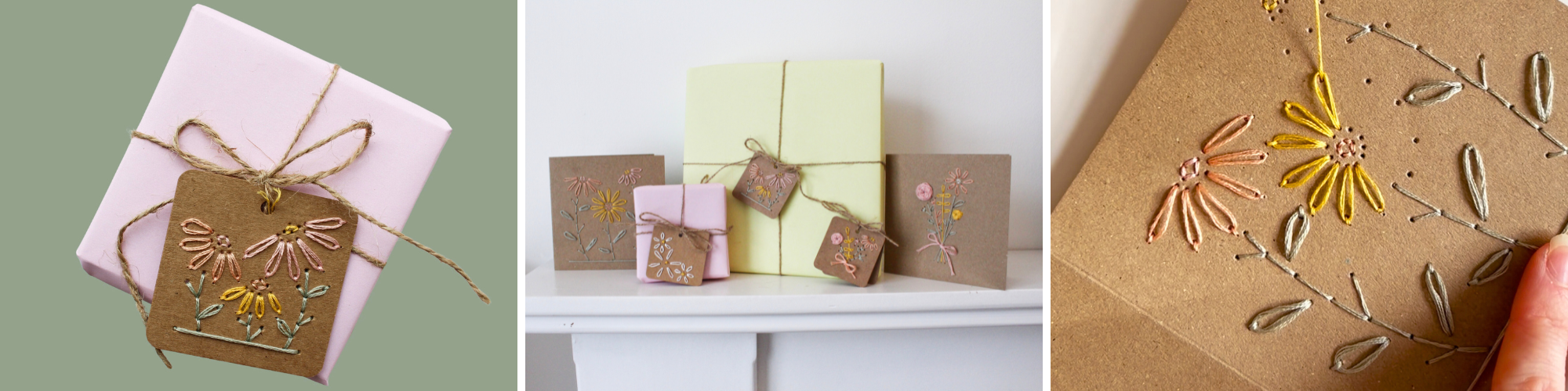 Three images of embroidered gift tags and cards.