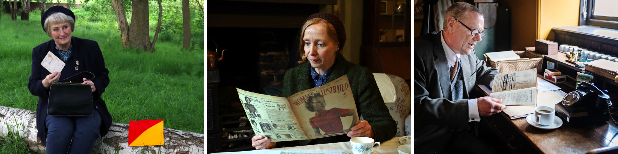 Three images of costumed characters from the 1940s.