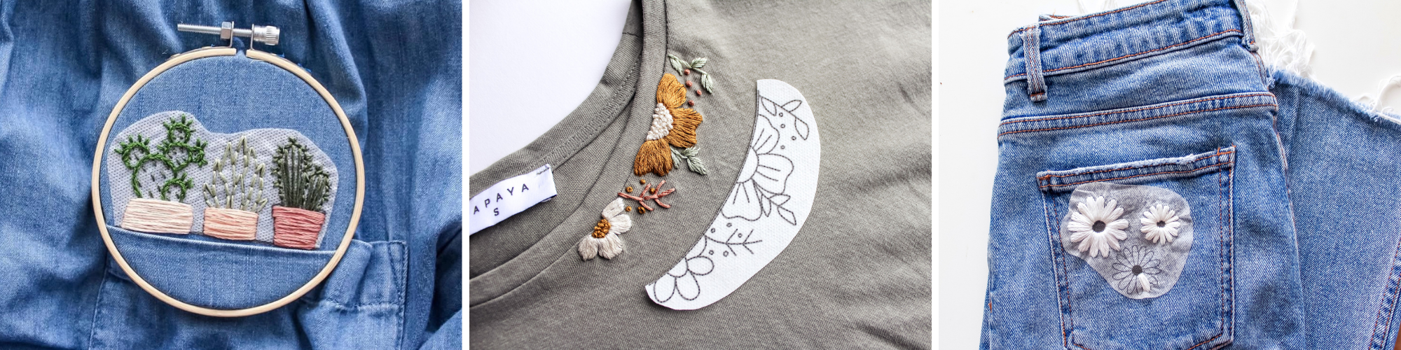 Three images of hand embroidered clothing.