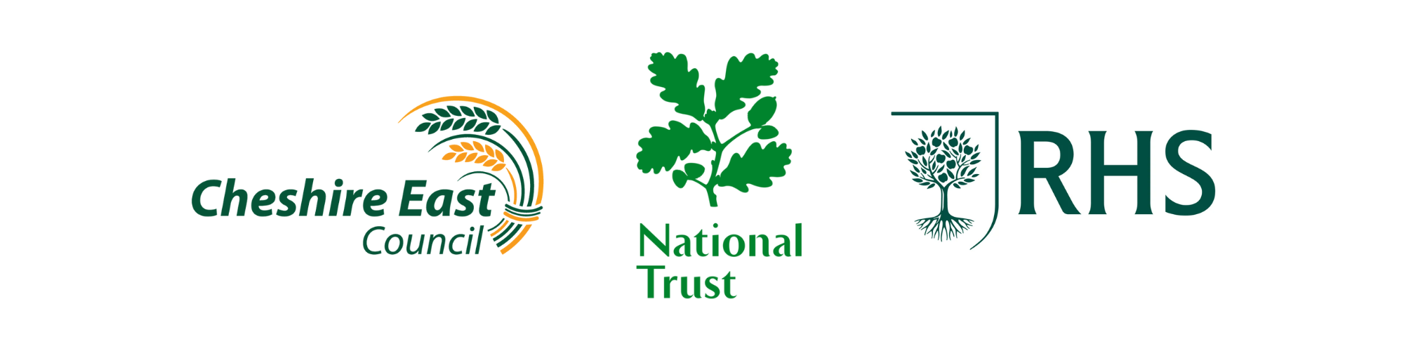 Cheshire East Council logo. National Trust logo. RHS logo.