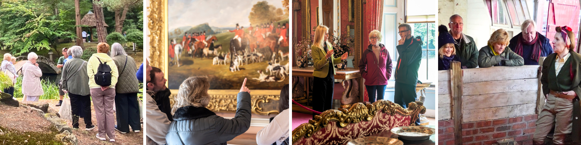 Groups of visitors explore historical attractions including a manor house and a farm.