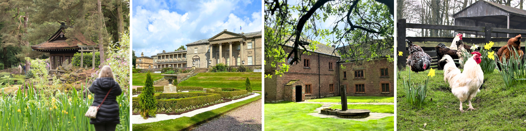 Four images depicting a Japanese Shinto shrine, a stately home, a medieval building, and chickens on a farm.