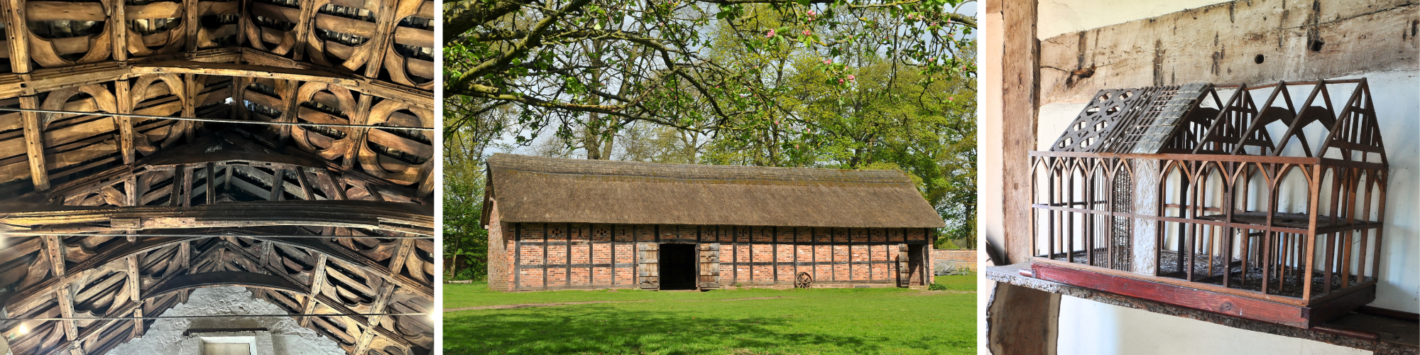 Three images show a medieval barn building and architectural details.