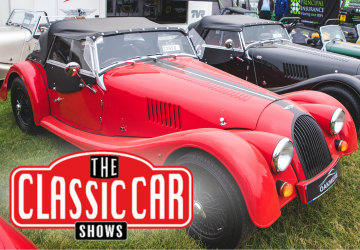 A bright red vintage car.