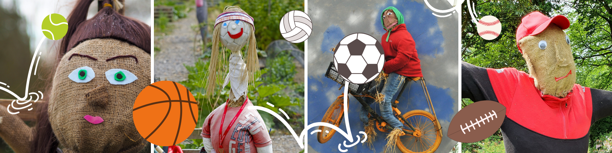 Four images of scarecrows with sports balls.