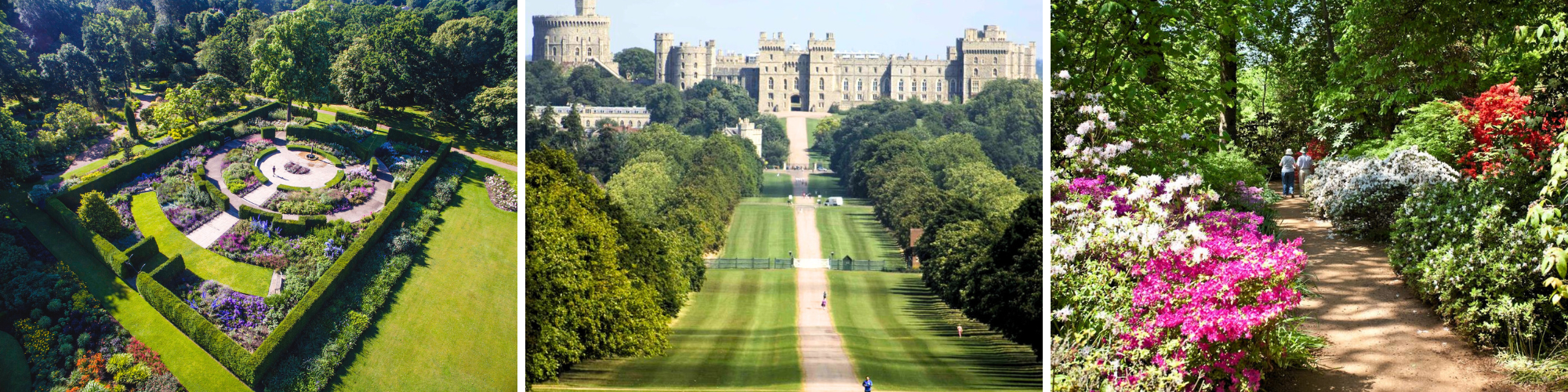 Three images depicting the grounds and gardens of Windsor Castle.